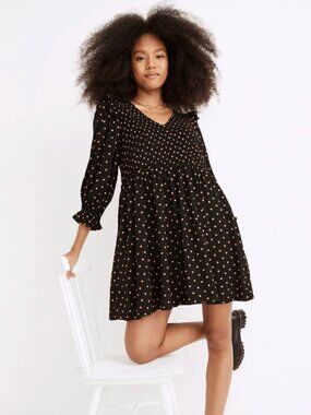 Madewell Smocked Polka Dot Mini Dress - Black & Gold - Size M